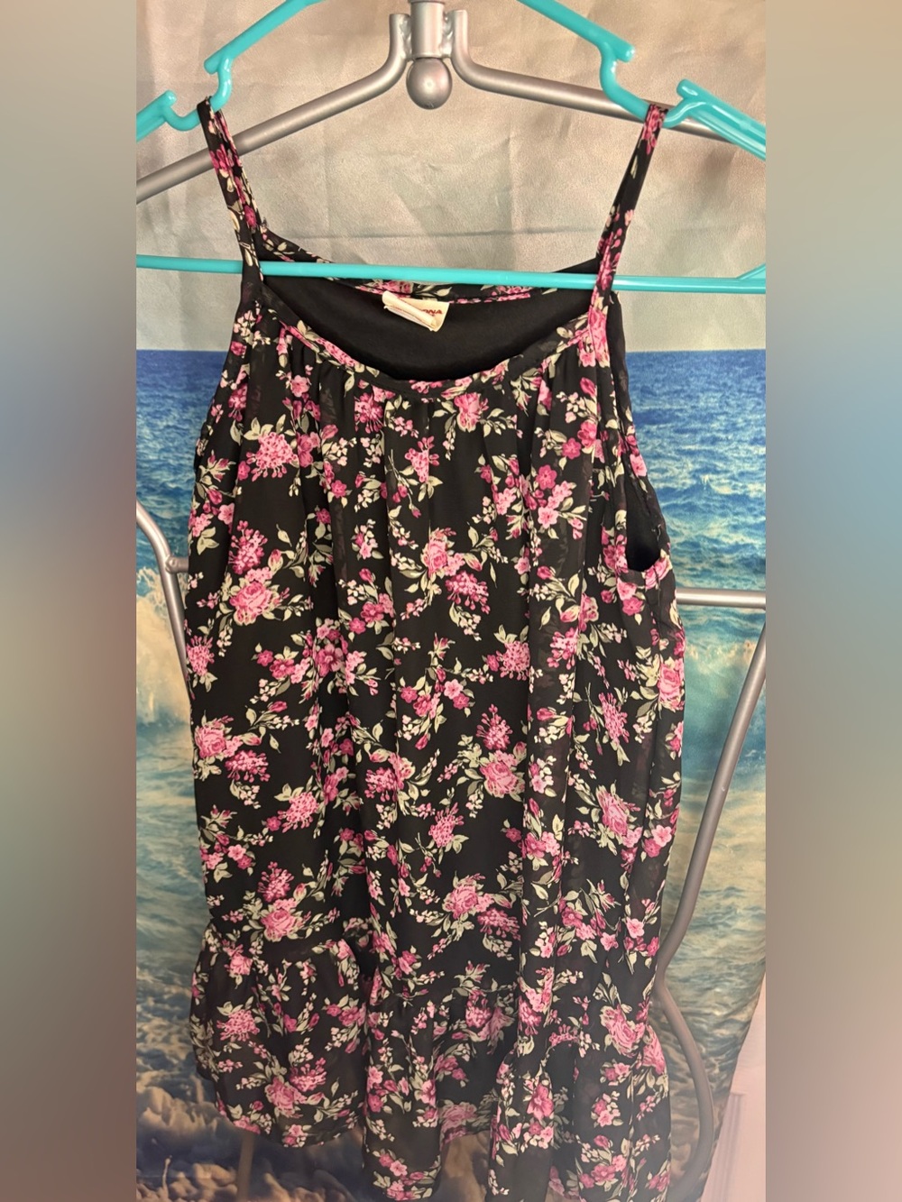 Black Floral Spaghetti Strap Top with Pink Roses